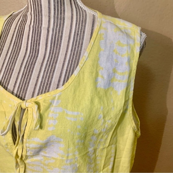 For Cynthia Linen Top XL Yellow White Blotchy Retro Keyhole Ties Linen Viscose - Picture 7 of 14